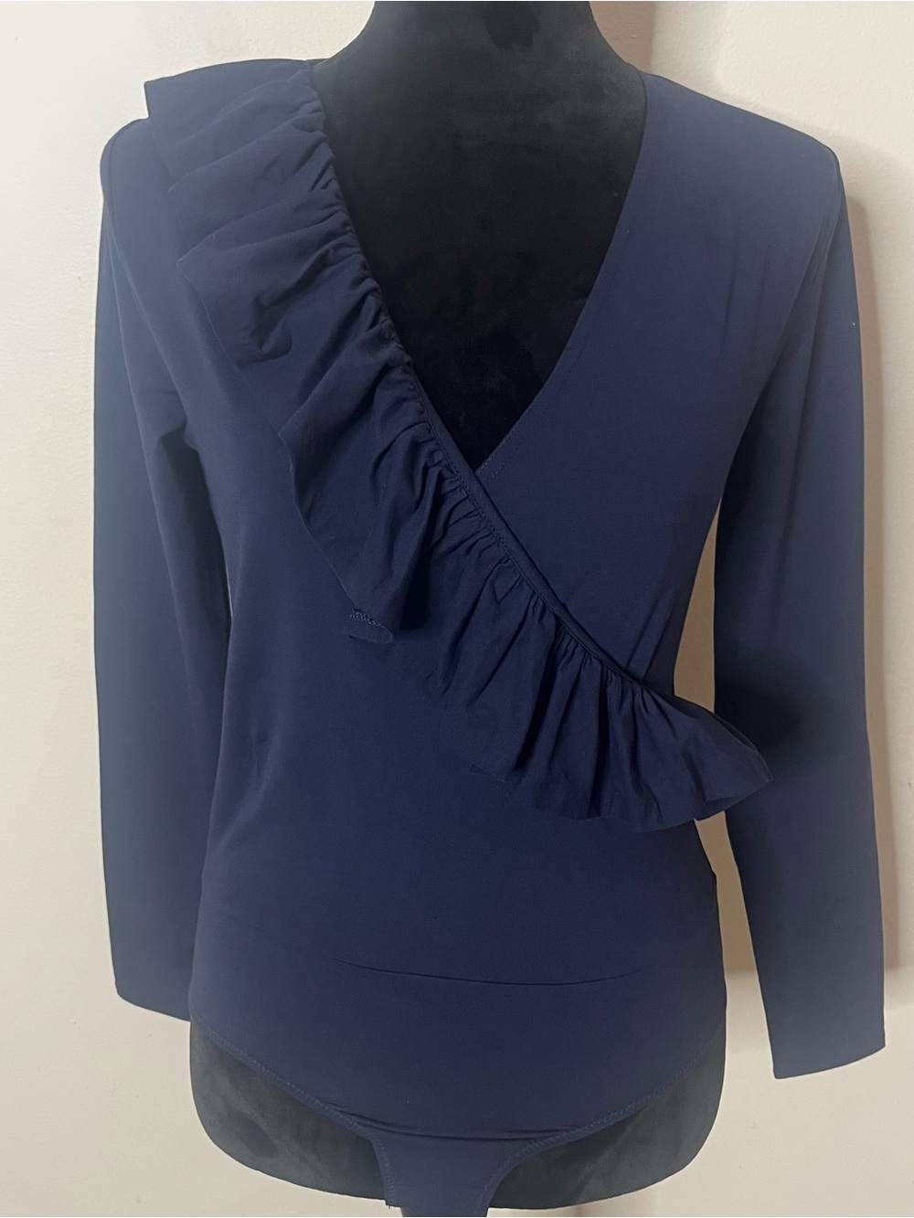 J. Crew Navy Women’s Faux Wrap Ruffled V~Neck Long Sleeve Bodysuit Sz S~NWOT